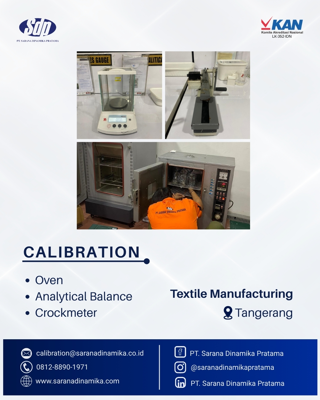 Calibration of an oven, analytical balance, and Crockmeter by PT Sarana Dinamika Pratama at a textile manufacturer in Tangerang