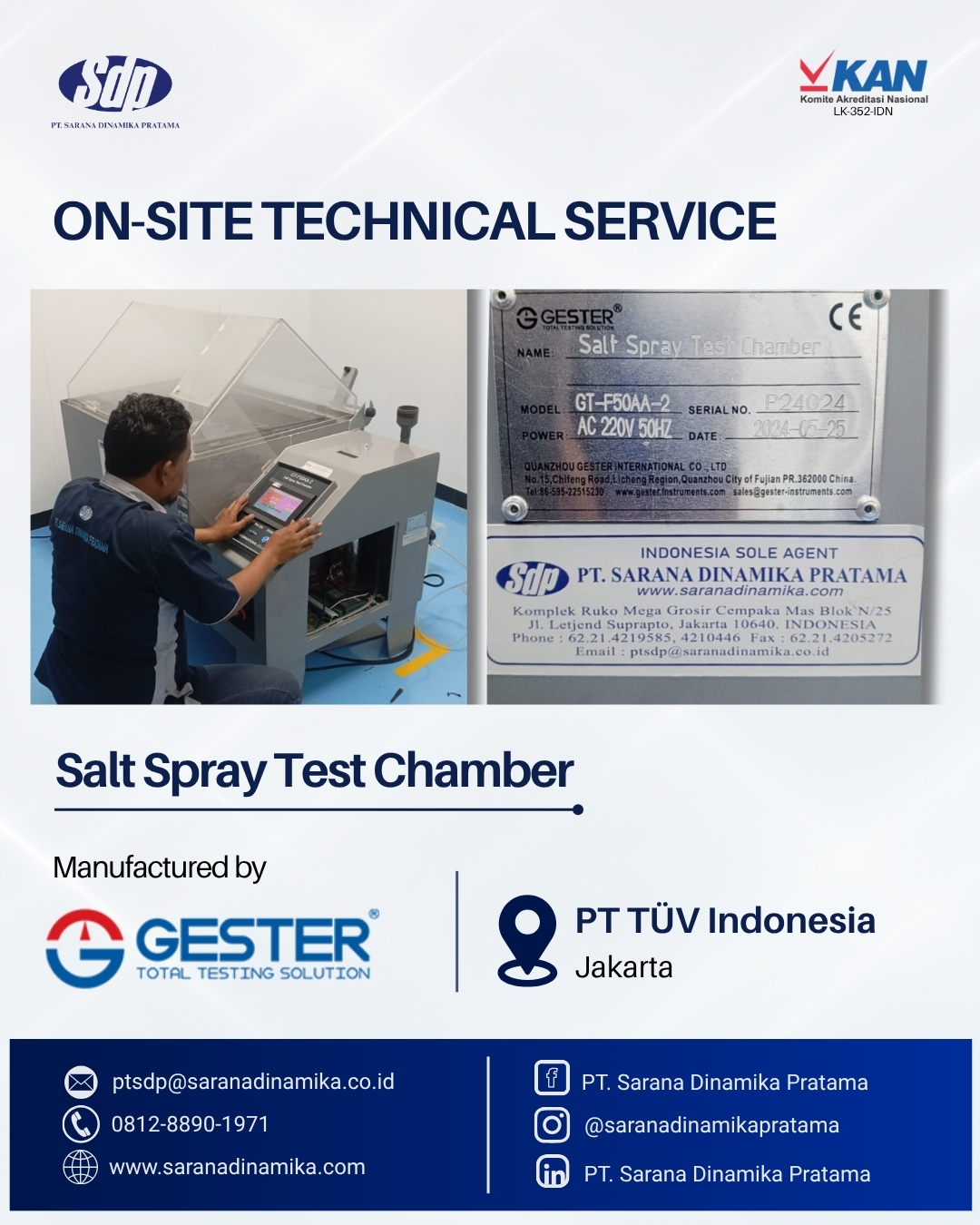 On-Site Technical Service for GESTER Salt Spray Test Chamber conducted by PT Sarana Dinamika Pratama at PT TÜV Indonesia, Jakarta